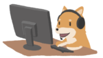 パソコンを操作する柴犬(ヘッドフォン)のイラスト