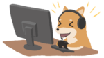 ゲーム実況をするハッピーな柴犬(ヘッドフォン)のイラスト